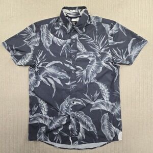 Fried Denim Shirt Mens Small Blue Tropical Leaf Short Sleeve Slim Fit Stretch